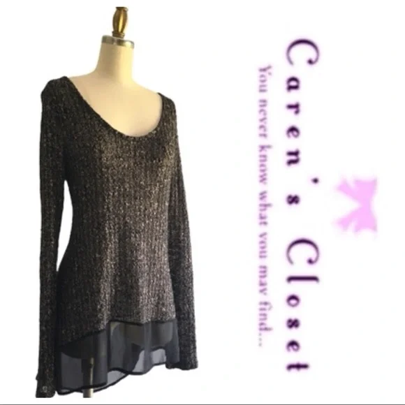 Lush Taupe & Black Knit Sweater with Attached Chiffon Shirt Hem Top. - Picture 2 of 7